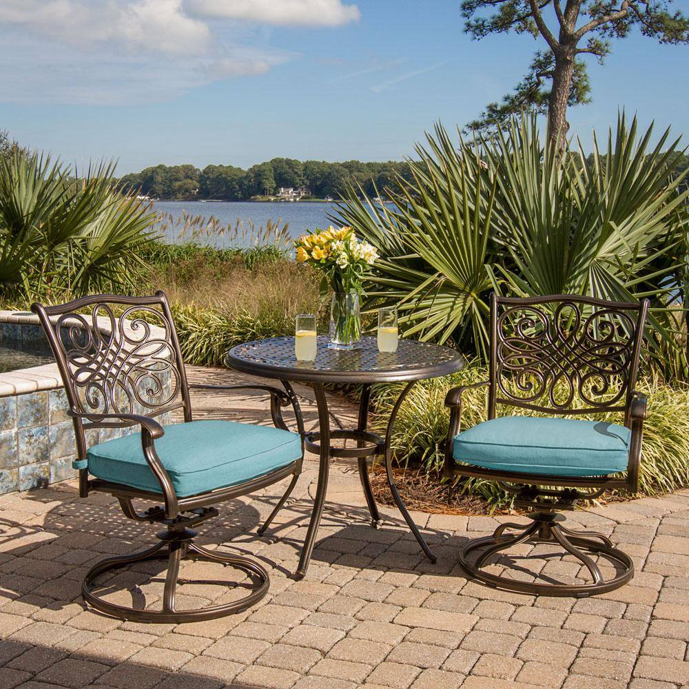 Cambridge Seasons 3-Piece Aluminum Round Outdoor Bistro Set with Two Swivel Rockers and Blue Cushions