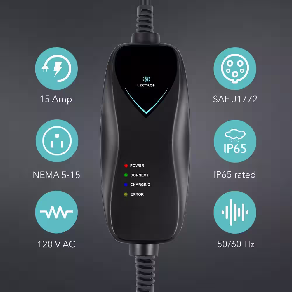 LECTRON Level 1 Portable J1772 EV Charger - ETL Certified, 110V, 15 Amp, 16 ft. Extension Cord, J1772 Cable and NEMA 5-15 Plug
