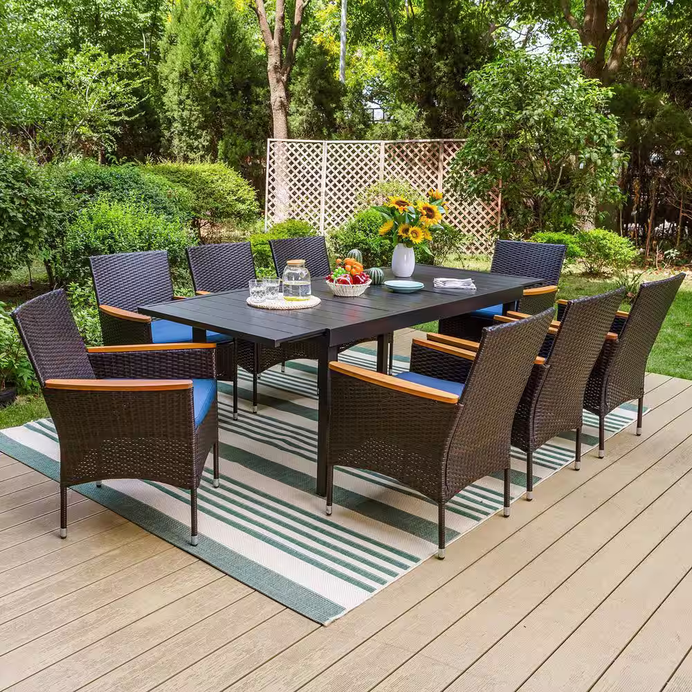 None Black 9-Piece Metal Patio Outdoor Dining Set with Extendable Table and Rattan Chairs with Blue Cushion
