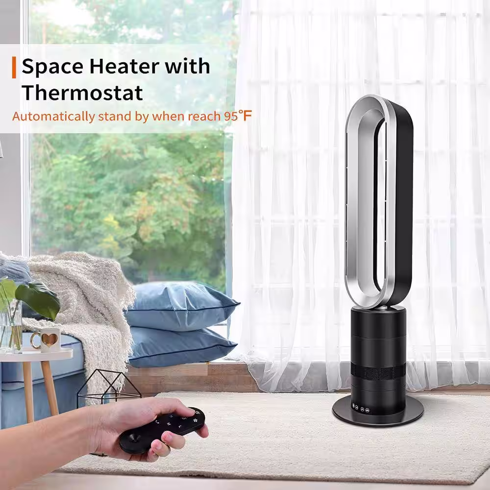 None 32 in. 10-speed Space Heater Bladeless Tower Fan in Black & Gray w/ Remote Control 9-Hour Timer for Home Air Conditioner