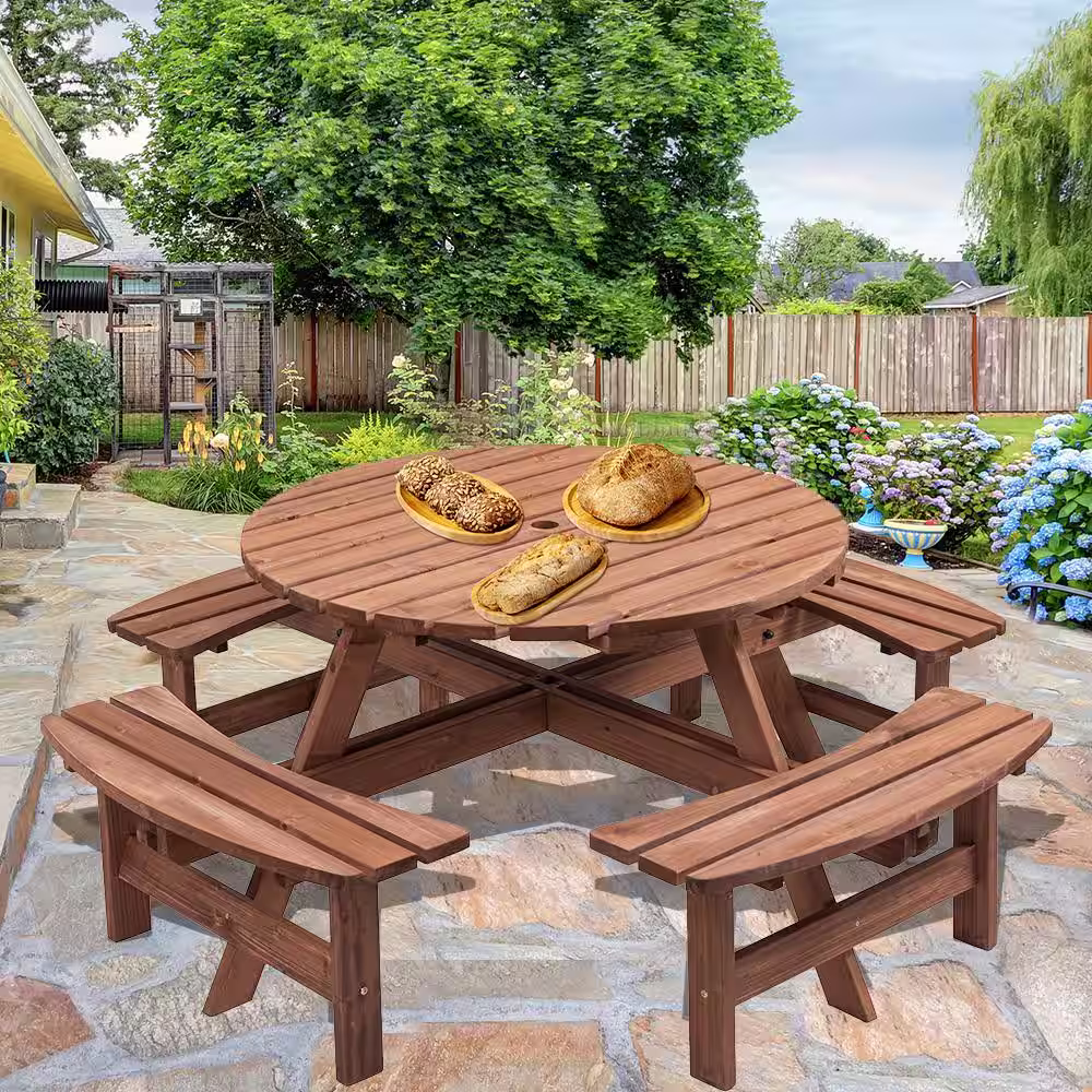 None 8-Person Round Natural Wood Frame 27.55 in. H Outdoor Dining Picnic Table with Seat