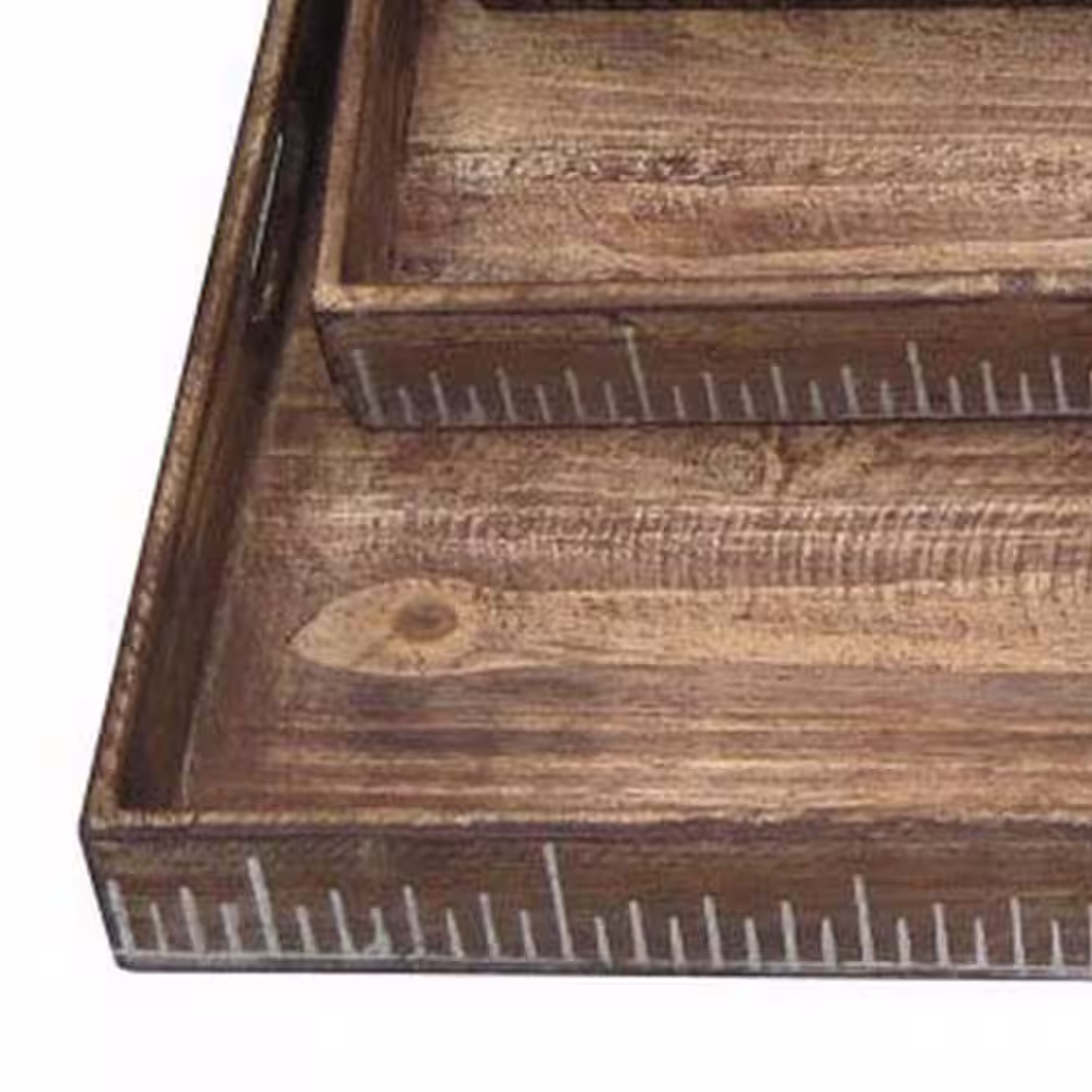 Benjara Brown Rough Sawn Textured Rectangular Wooden Ruler Tray (Set of 3)
