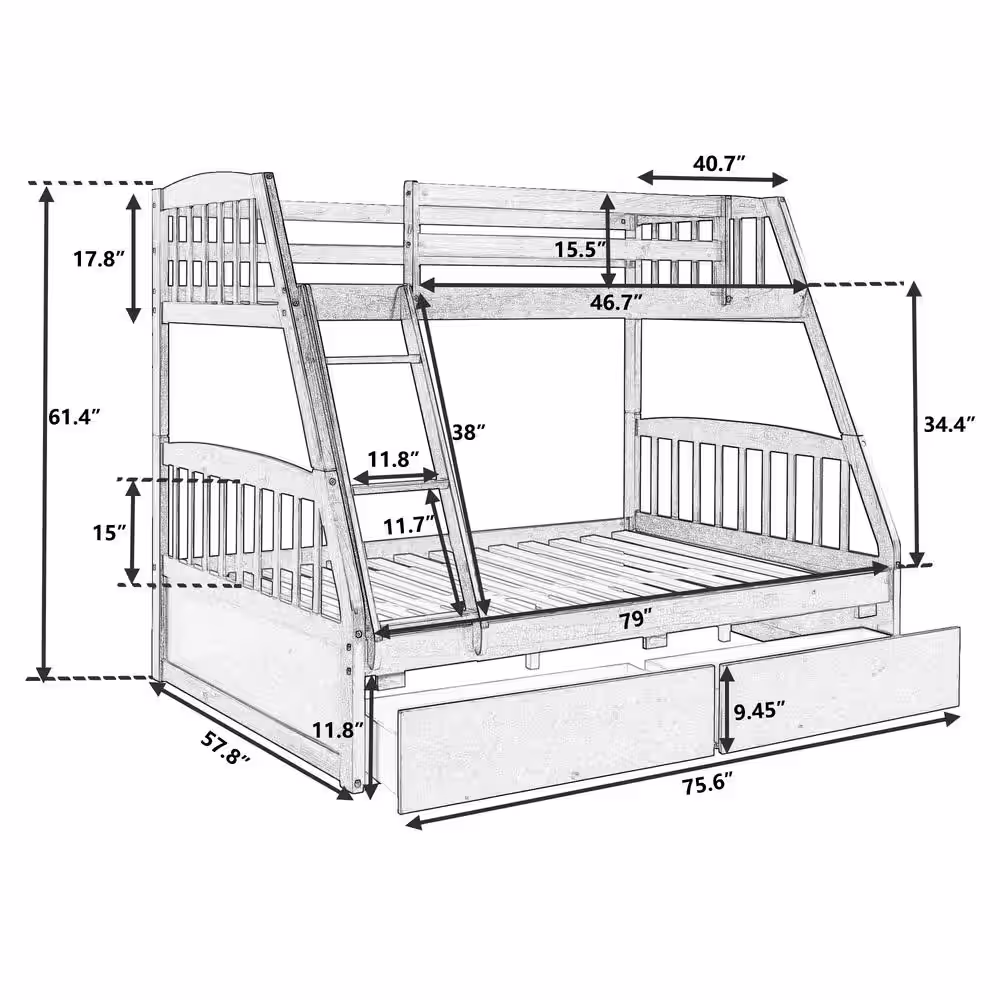 Harper & Bright Designs White Solid Wood Twin Over Full Bunk Bed with 2-Storage Drawers
