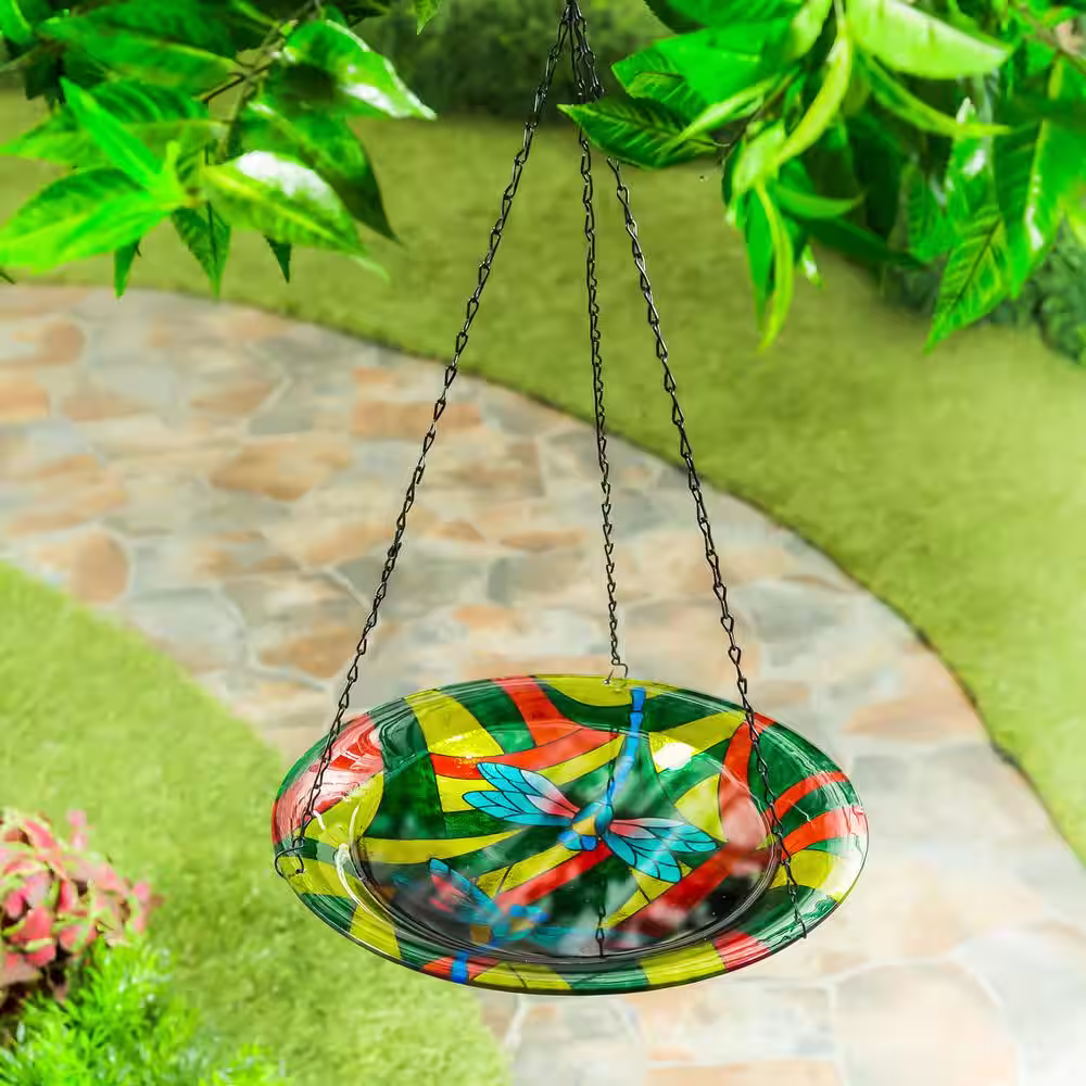 Evergreen Dragonflies 14 in. Glass Hanging Birdbath
