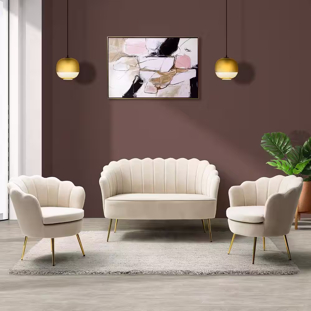 JAYDEN CREATION Yeran Velvet 52 in. Tan 2-Seats Loveseat with Flower Shaped Back Design