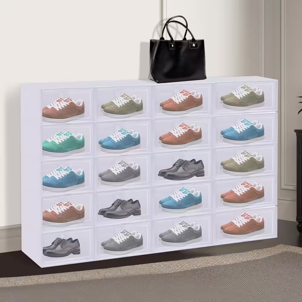 None 20-Pair Stackable White Plastic Shoe Boxes