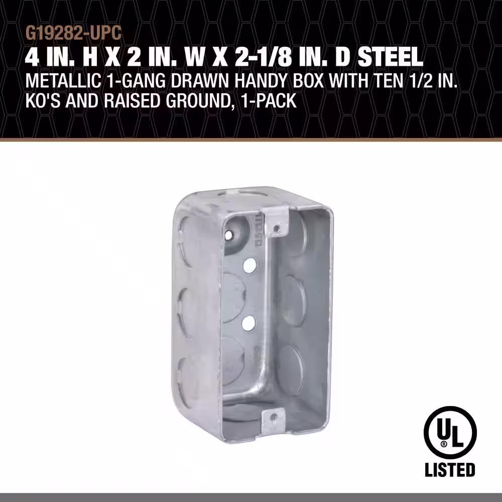 Southwire 4 in. H x 2 in. W x 2-1/8 in. D Steel Metallic 1-Gang Drawn Handy Box with Ten 1/2 in. KO's and Raised Ground, 1-Pack