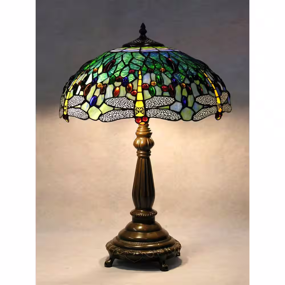 Warehouse of Tiffany 22 in. Antique Bronze Dragonfly Stained Glass Table Lamp with Pull Chain