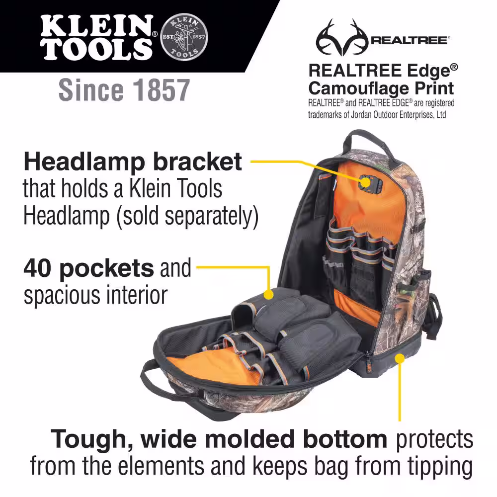 Klein Tools 14 in. 40 Pockets Tradesman Pro XL Tool Bag Backpack, Camo