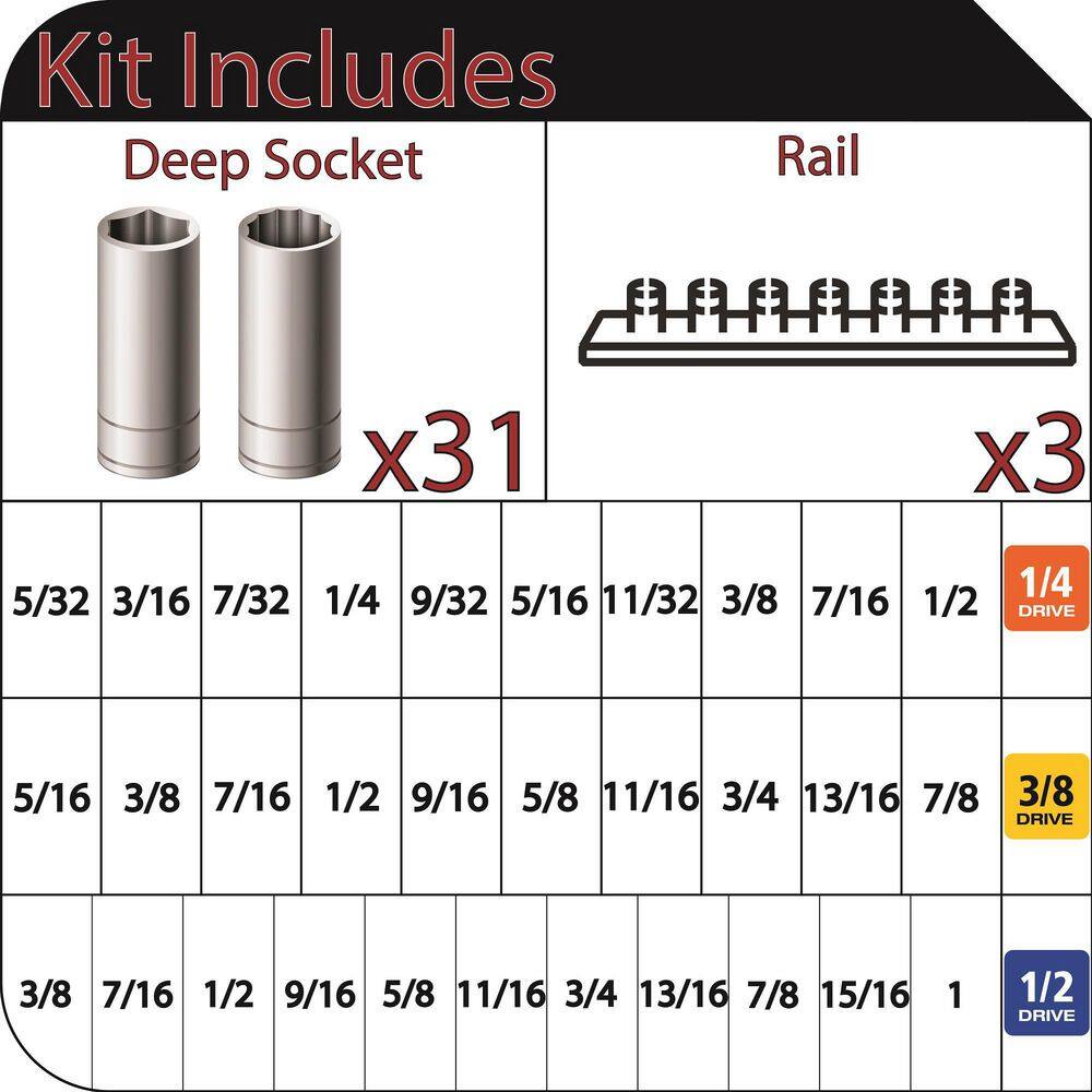Husky 1/4 in., 3/8 in. and 1/2 in. Drive SAE Deep Socket Set (31-Piece)