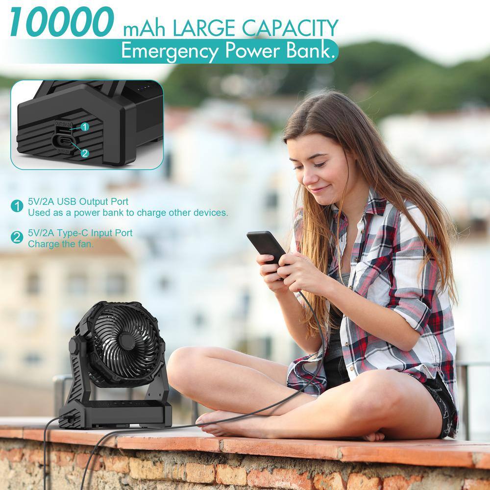 panergy 10000mAh Rechargeable Battery Jobsite Fan with Light & Hook, 270Â° Pivot, 3 Speeds, for Camping, Power Outage, Jobsite
