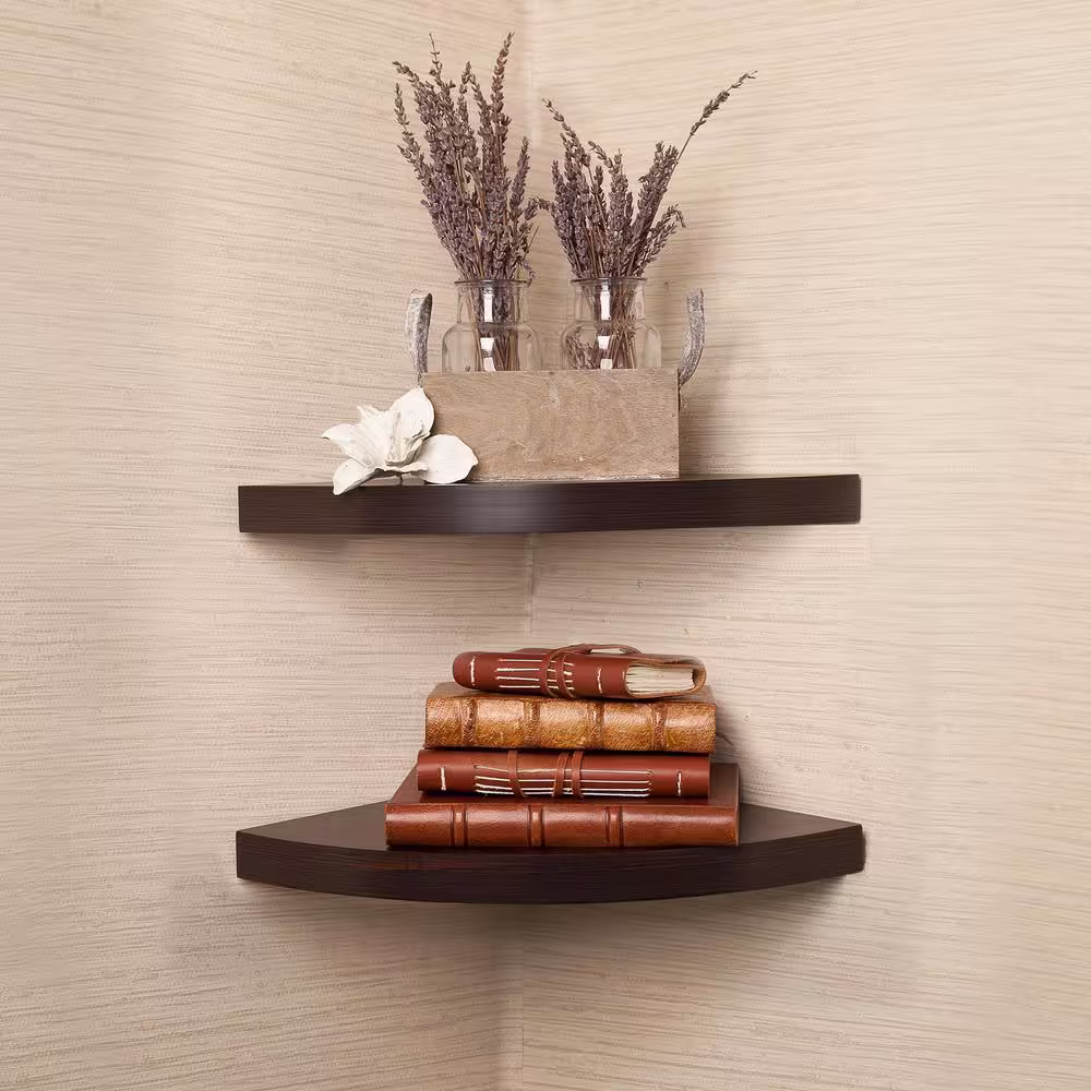 DANYA B 11.5 in. x 11.5 in. Walnut Laminate Corner Radial Shelves (Set of 2)