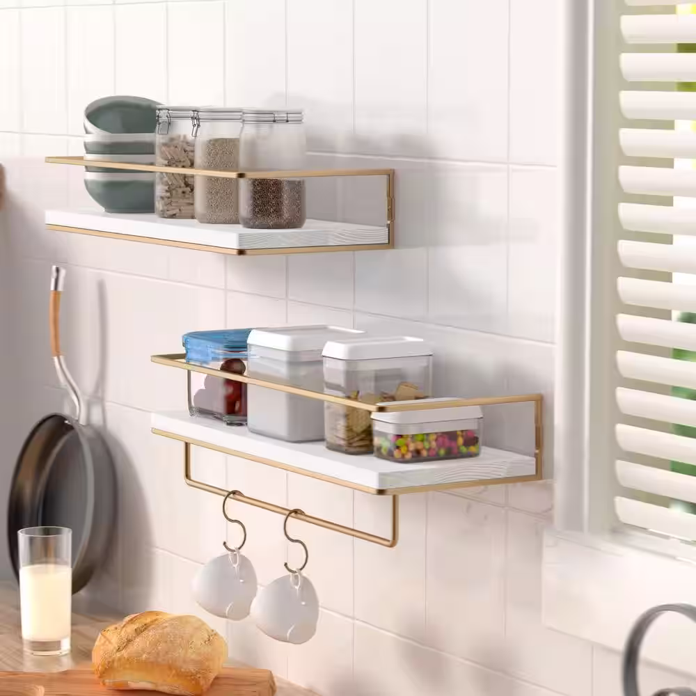 None 5.71 in. D x 15.7 in. W x 2.28 in. H Gold-White Floating Shelves with Towel Rack (Set of 2)