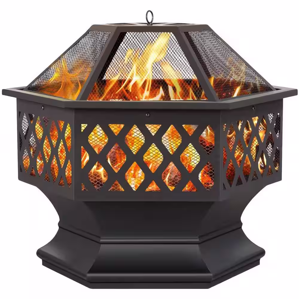 Barton 24 in. x 8.25 in. Outdoor Hex-Shaped Patio Firebowl Portable Wood Fire Pit with Spark Screen Cover, Poker and Grill