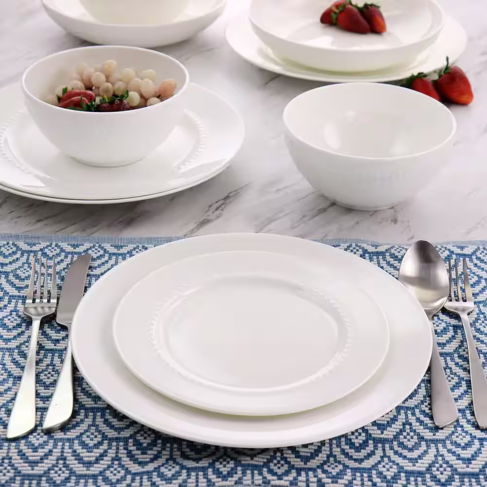 None Embossed Bone China 16-Piece Double Bowl Dinnerware Set in White