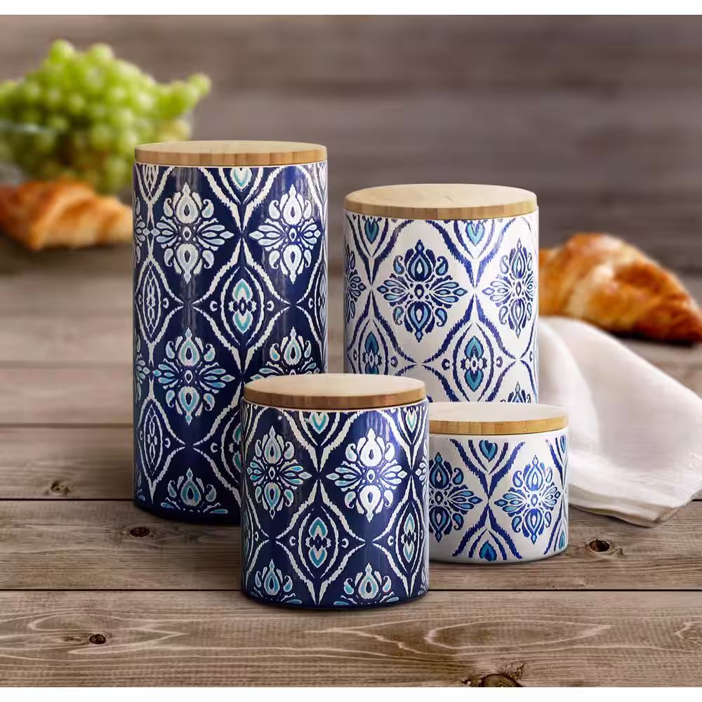 American Atelier Pirouette 4-Piece Blue/White Ceramic Canister Set with Wood Lid