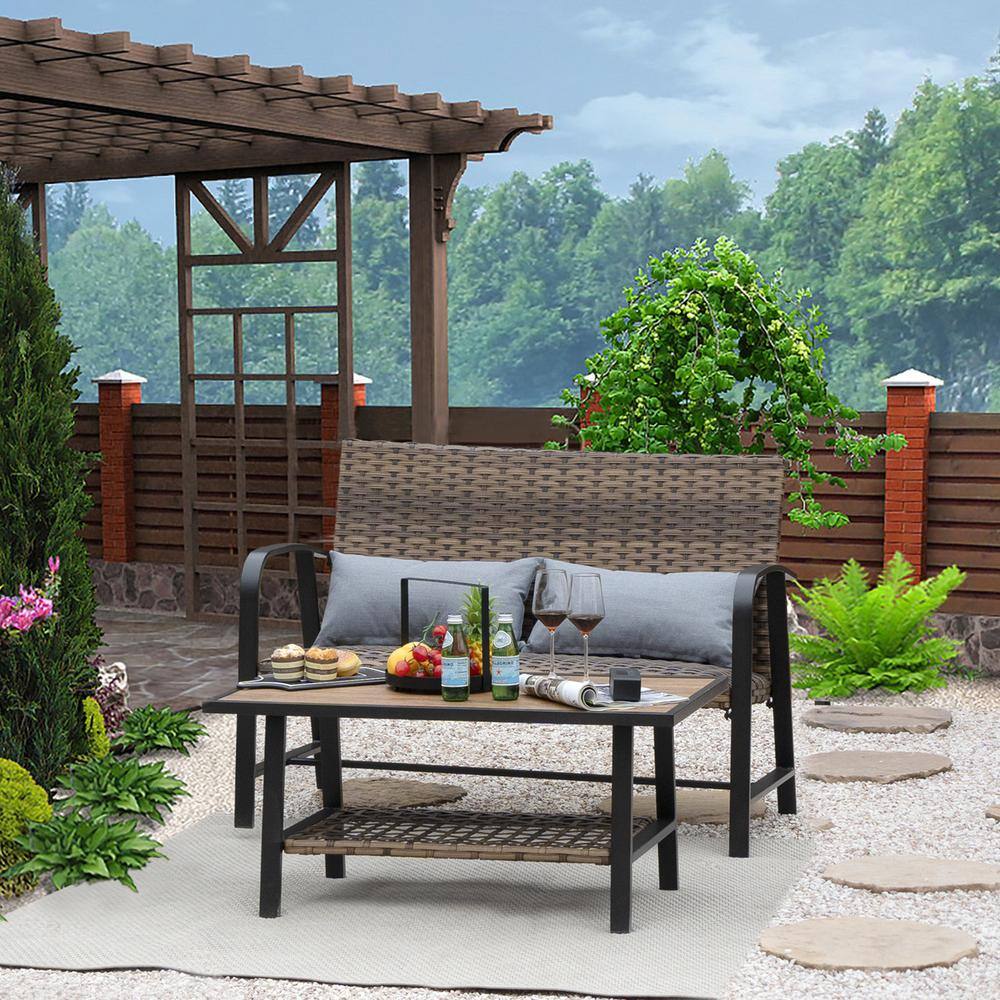 None Black 2-Piece Wicker Outdoor Bistro Set with Gray Cushions
