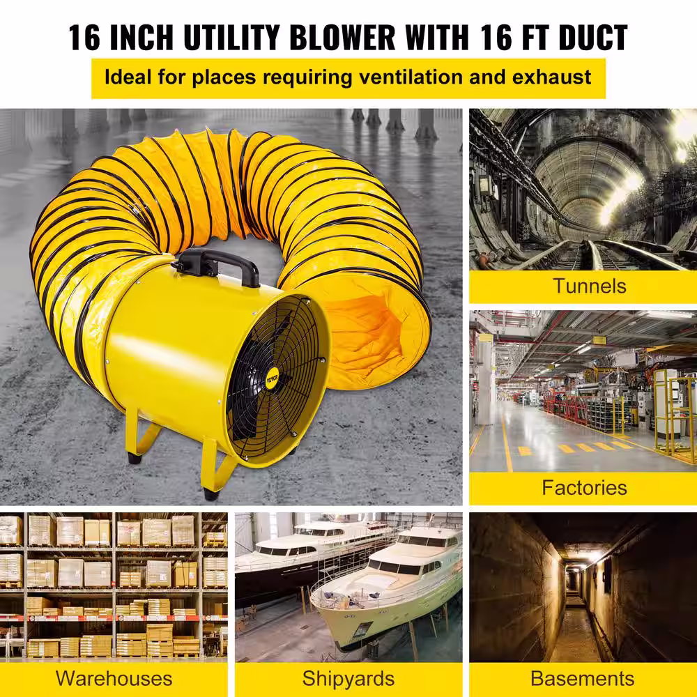 VEVOR Pivoting Utility Blower Fan 16 in. 1100 Watt High Velocity Ventilator with 16 ft. Duct Hose for Jobsite Fume Exhausting