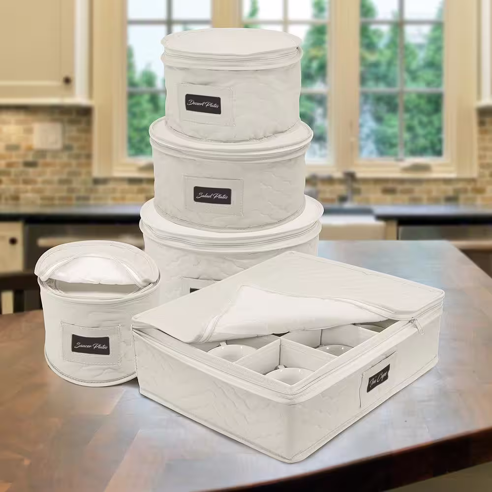 Sorbus Cup and Plate Storage Organizer Beige Polyester Dinnerware Storage with Zip lock lid 5 Pack