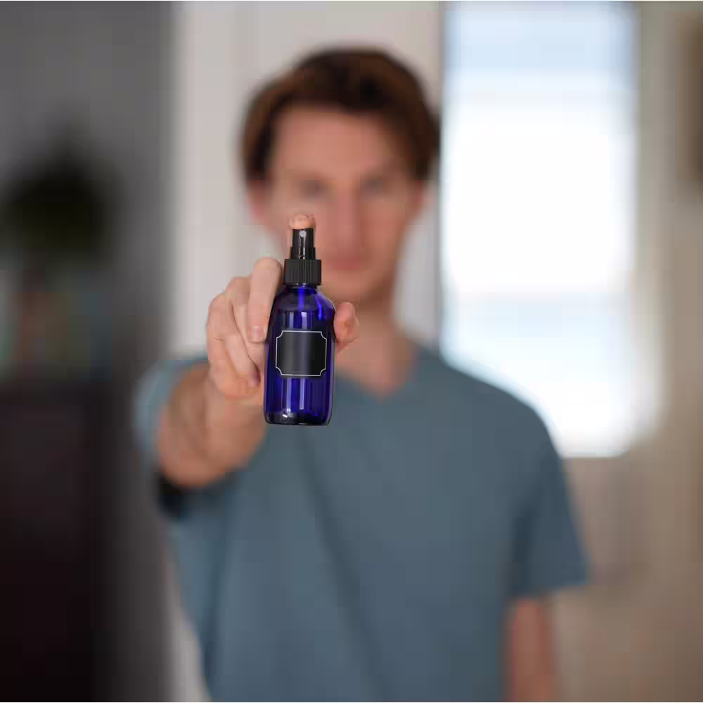 Nevlers 4 oz. Blue Glass Spray Mist Bottles with Bottle Brush, Funnel, and Labels (Set of 24)