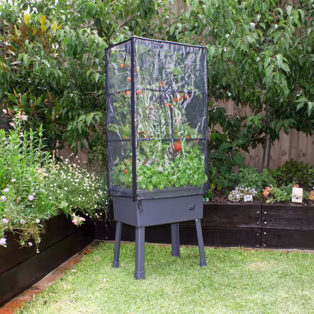 Frame It All Patio Ideas - 15.75 in. x 23.5 in. x 63 in. Self-Watering Raised Garden Bed with Trellis and Greenhouse Cover
