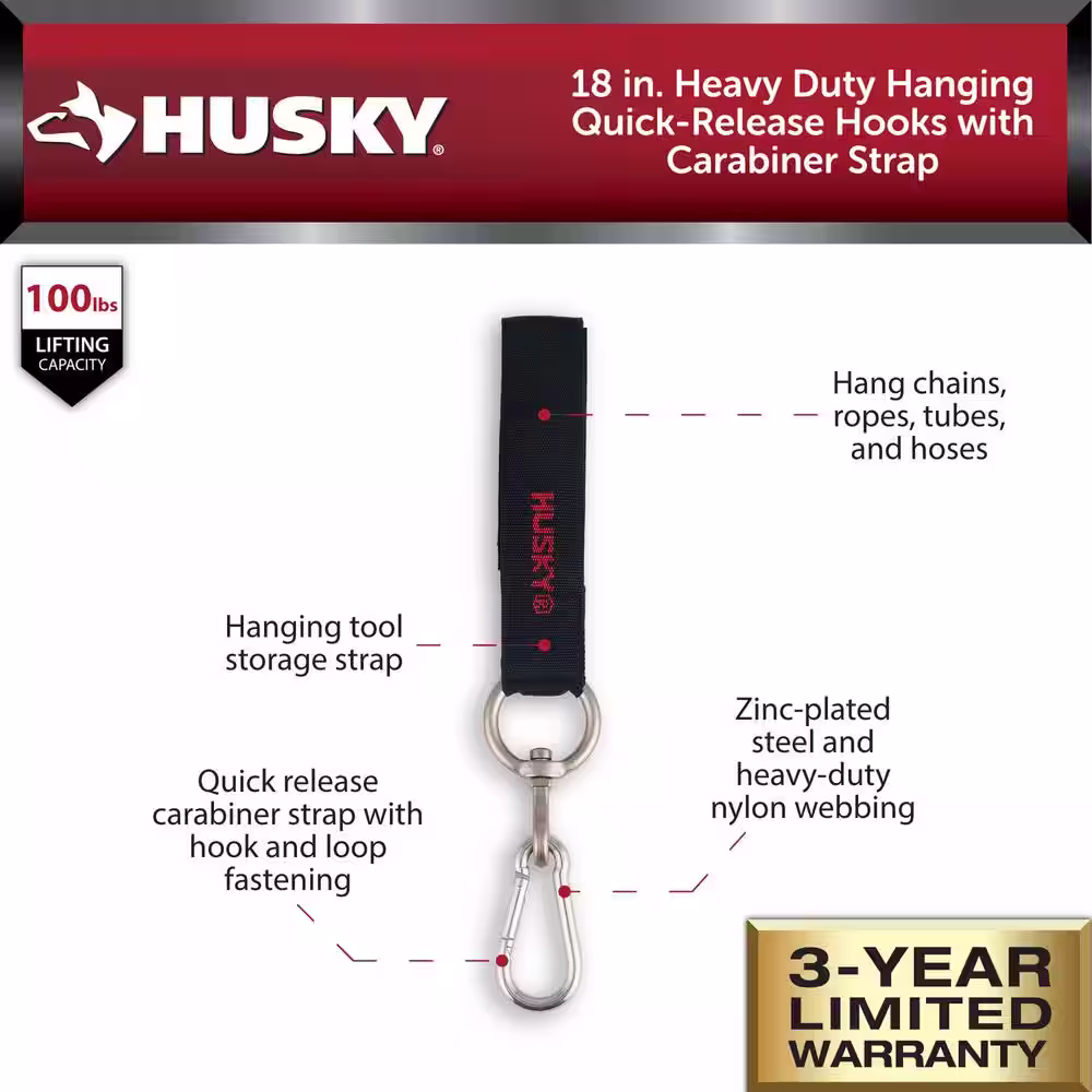 Husky 18 in. Heavy Duty Hanging Quick-Release Hooks with Carabiner Strap