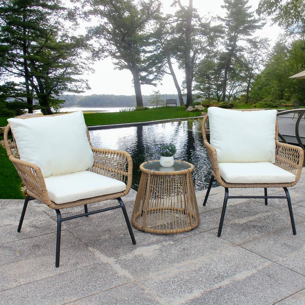 None 3-Piece Wicker Outdoor Bistro Natural Set with Removable White Cushion and Glass Top Side Table