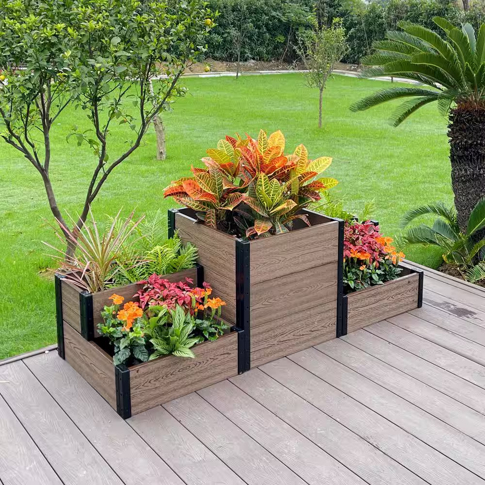 EverBloom 24 in. D x 21 in. H x 63 in. W Brown and Black Composite Board and Steel Corner and Terraced Garden Bed