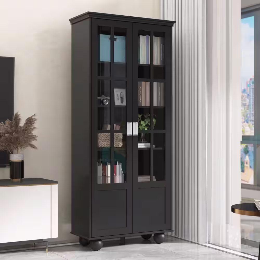 None 72.3 in. Black Wood 5-Shelf Standard Bookcase with Ball-Shape Legs