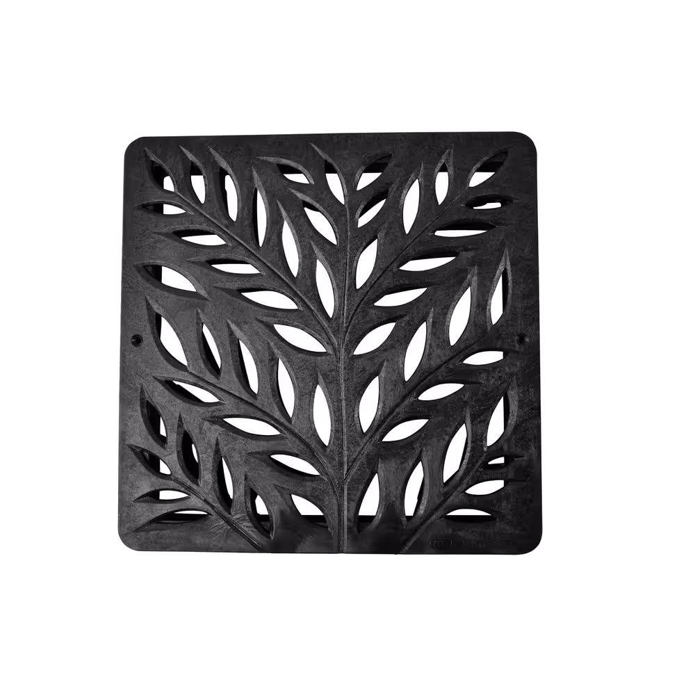 NDS 12 in. Square Catch Basin Drain Grate, Decorative Botanical Design, Black Plastic