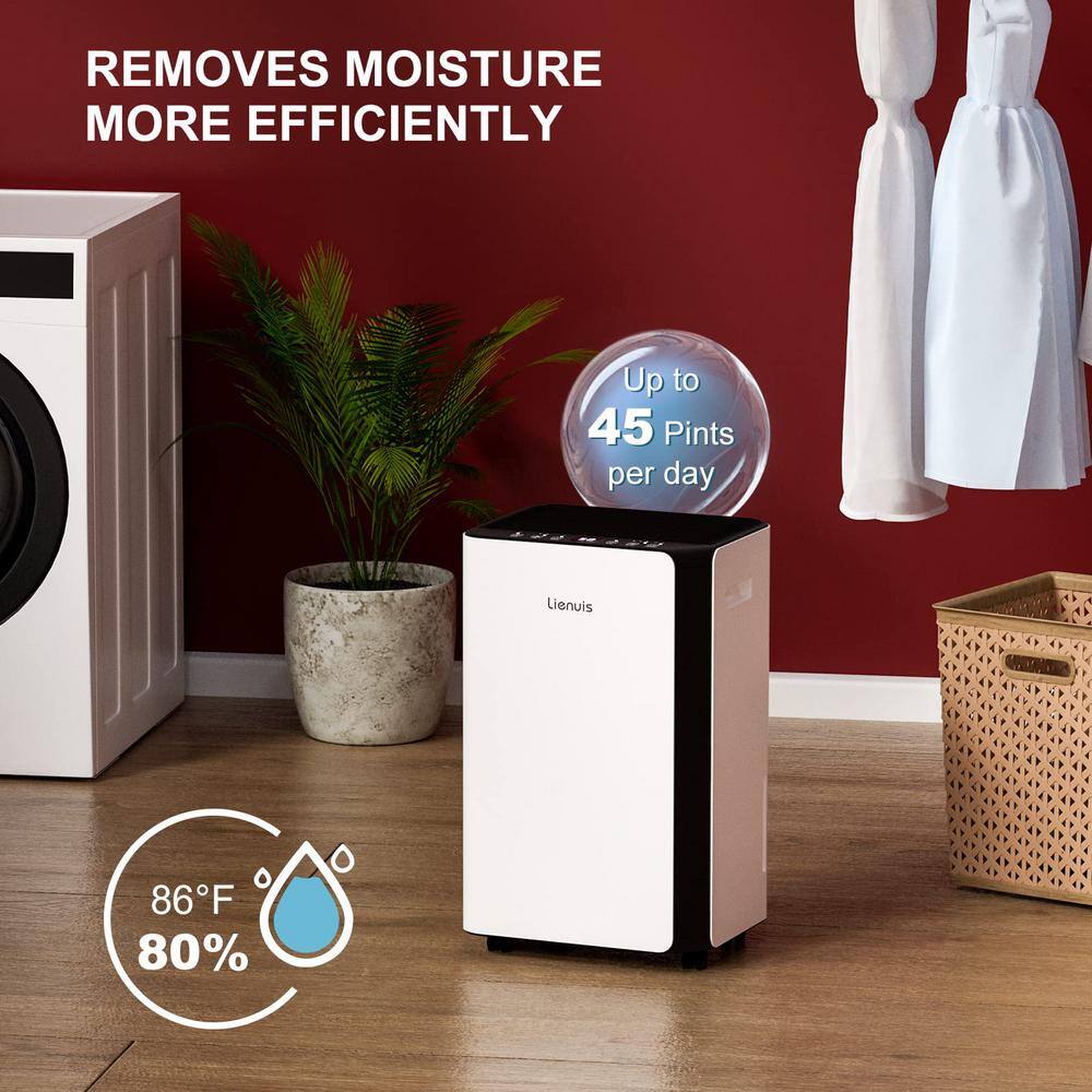 None 45 pt. 3500 sq. ft Dehumidifiers in White with Drain Hose Intelligent Humidity Control Auto or Manual Drainage 24H Timer