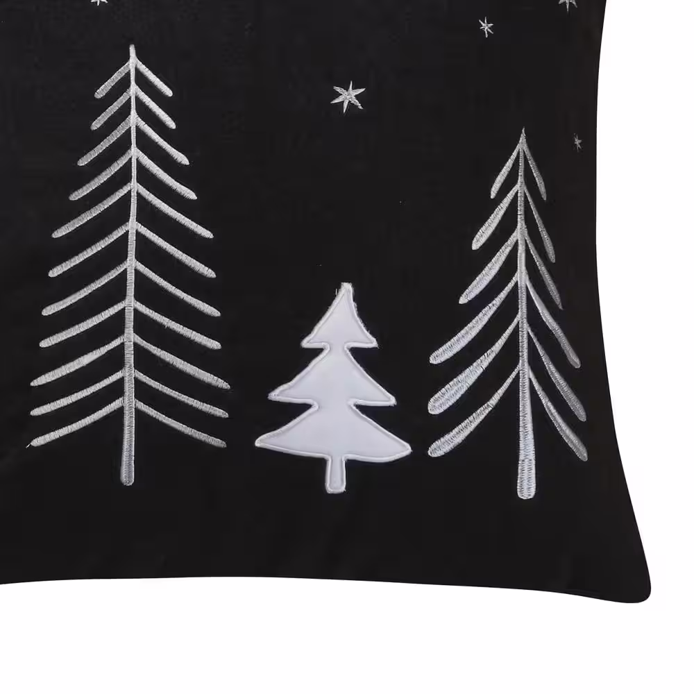 None Northern Star Black And White Embroidered Christmas Trees and Stars 18 in. x 18 in. Throw Pillow