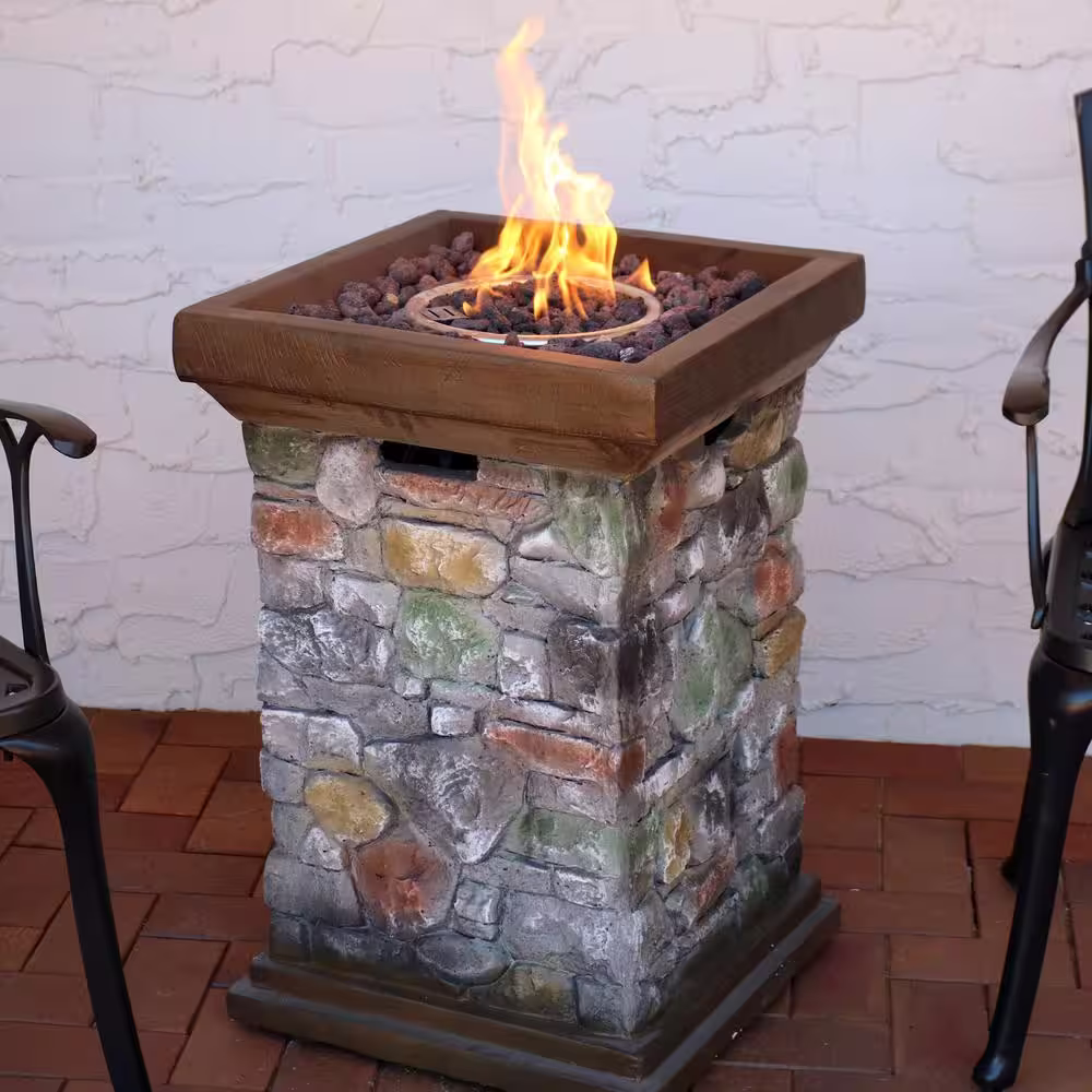 Sunnydaze Decor 30 in. Square Fiberglass Rock Column Design Propane Gas Fire Pit