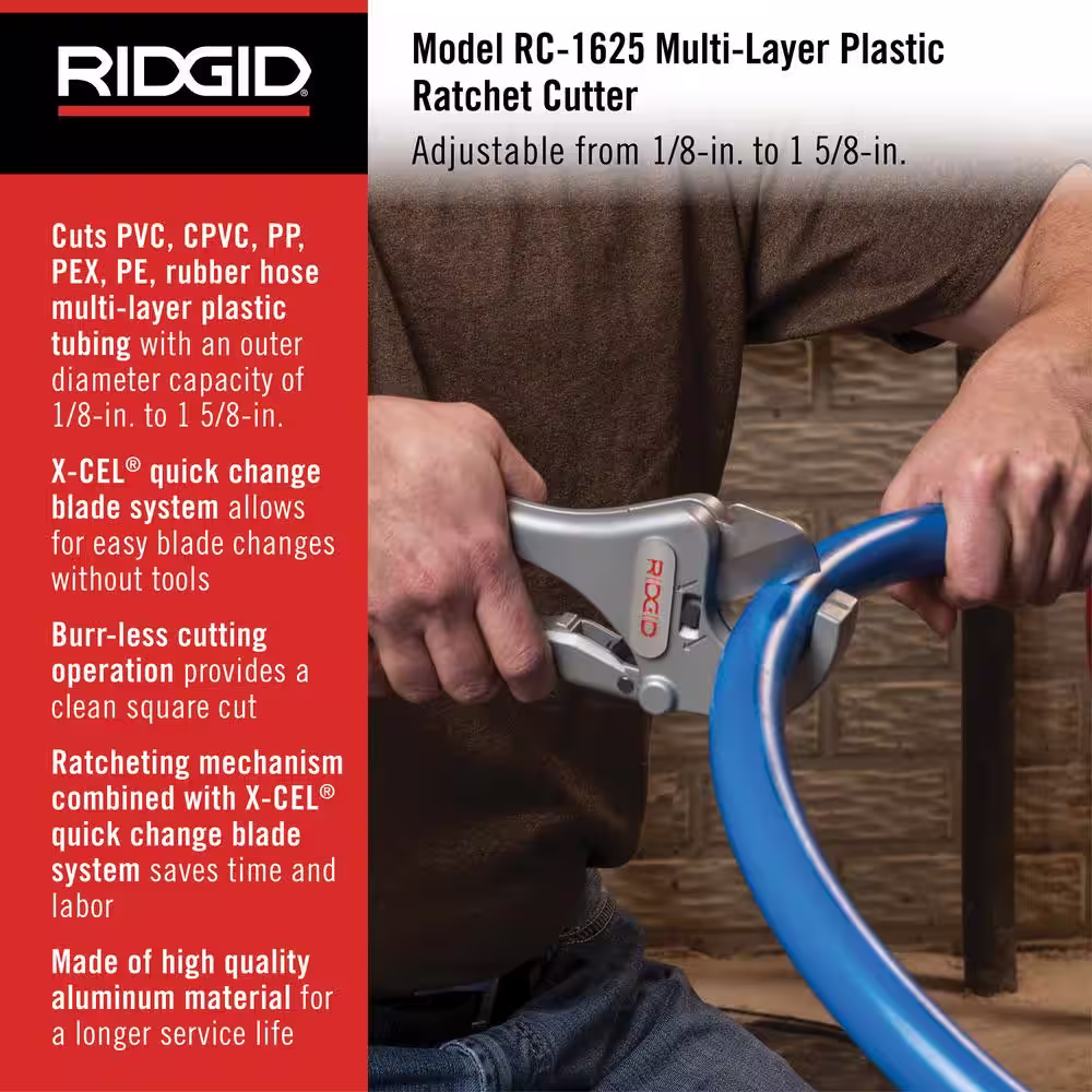 RIDGID 1/8 in. - 1-5/8 in. RC-1625 Aluminum Ratchet Action Plastic Pipe and Tubing Cutter, Tool for Multilayer Tubing Jobs