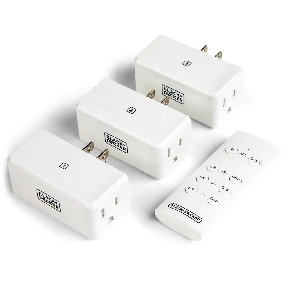BLACK+DECKER 1 Amp to 15 Amp Plug-In Indoor Wireless Remote Control System with 3 Smart Adapters Grounded and 1 Remote, White