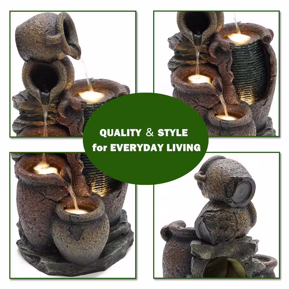 None Rustic Brown Outdoor Polyresin Urn Fountain with LED Lights