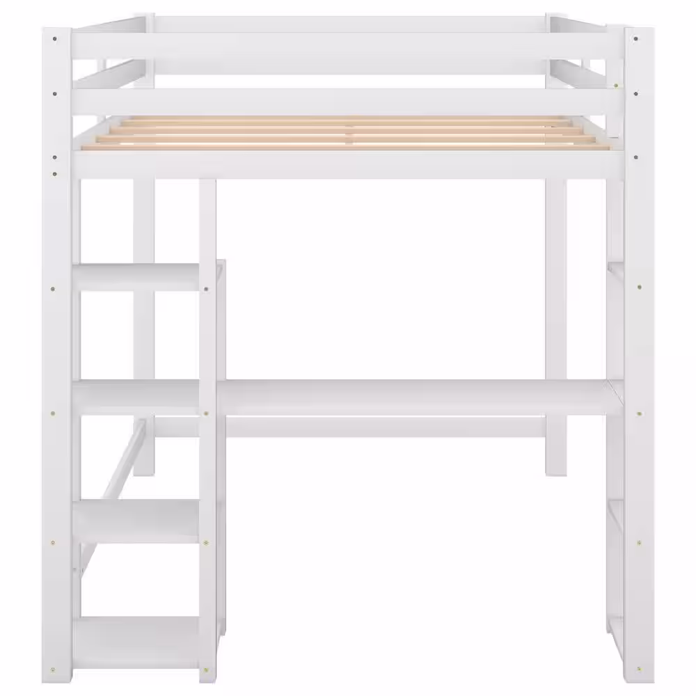 Harper & Bright Designs White Wood Frame Full Size Loft Bed with Built-in Desk and Ladder, Storage Shelves
