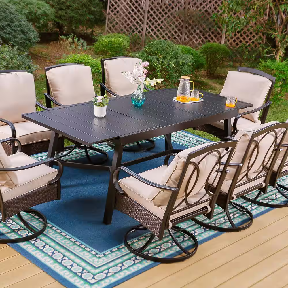 None 9-Piece Metal Outdoor Dining Set with Extensible Rectangular Slat Table and Rattan Swive Chairs with Beige Cushions