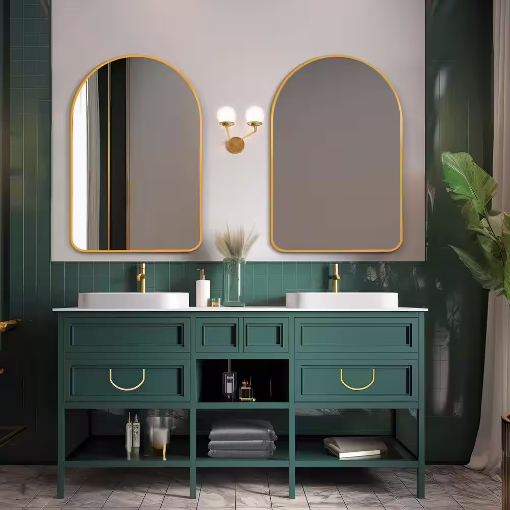 None 24 in. W x 36 in. H Arched Framed Wall Bathroom Vanity Mirror in Gold 2-PCS