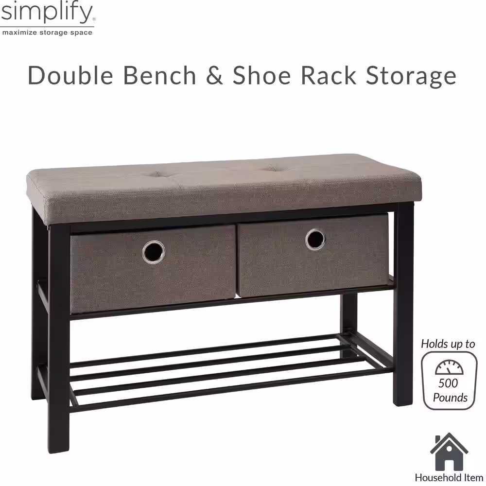 Simplify Entryway Double Bench 31.9 in. H x 12.6 in. W with 3-Pair Taupe Polyester Material Shoe Storage Bench