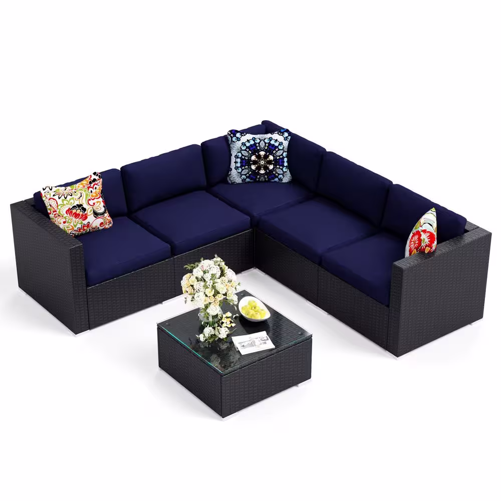 None Dark Brown Rattan Wicker 5 Seat 6-Piece Steel Outdoor Patio Conversation Set with Blue Cushions and Coffee Table