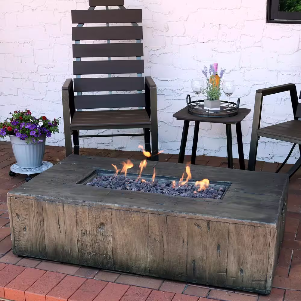 Sunnydaze Decor 26.5 in. W x 13 in. H Rectangle Rustic Fiberglass/Concrete Propane Gas Fire Pit Table with Lava Rocks