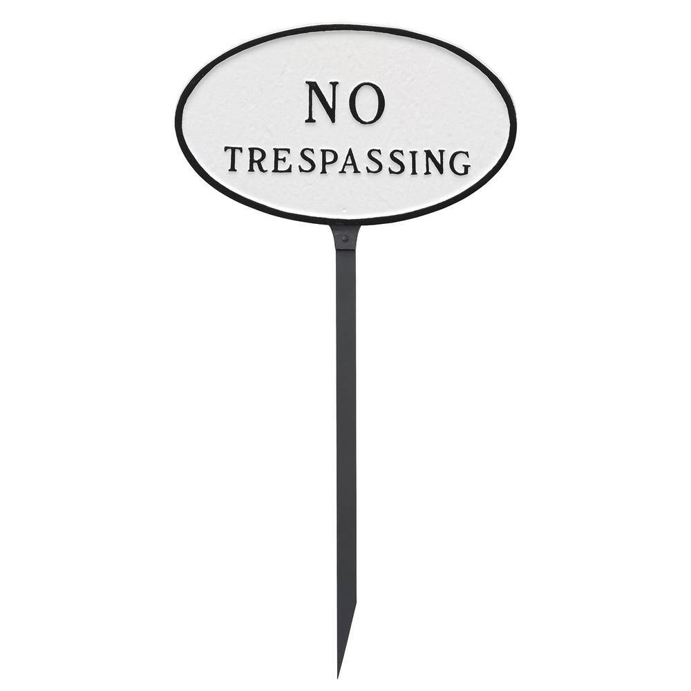 Montague Metal Products 6 in. x 10 in. Small Oval No Trespassing Statement Plaque Sign with 23 in. Lawn Stake, White with Black Lettering