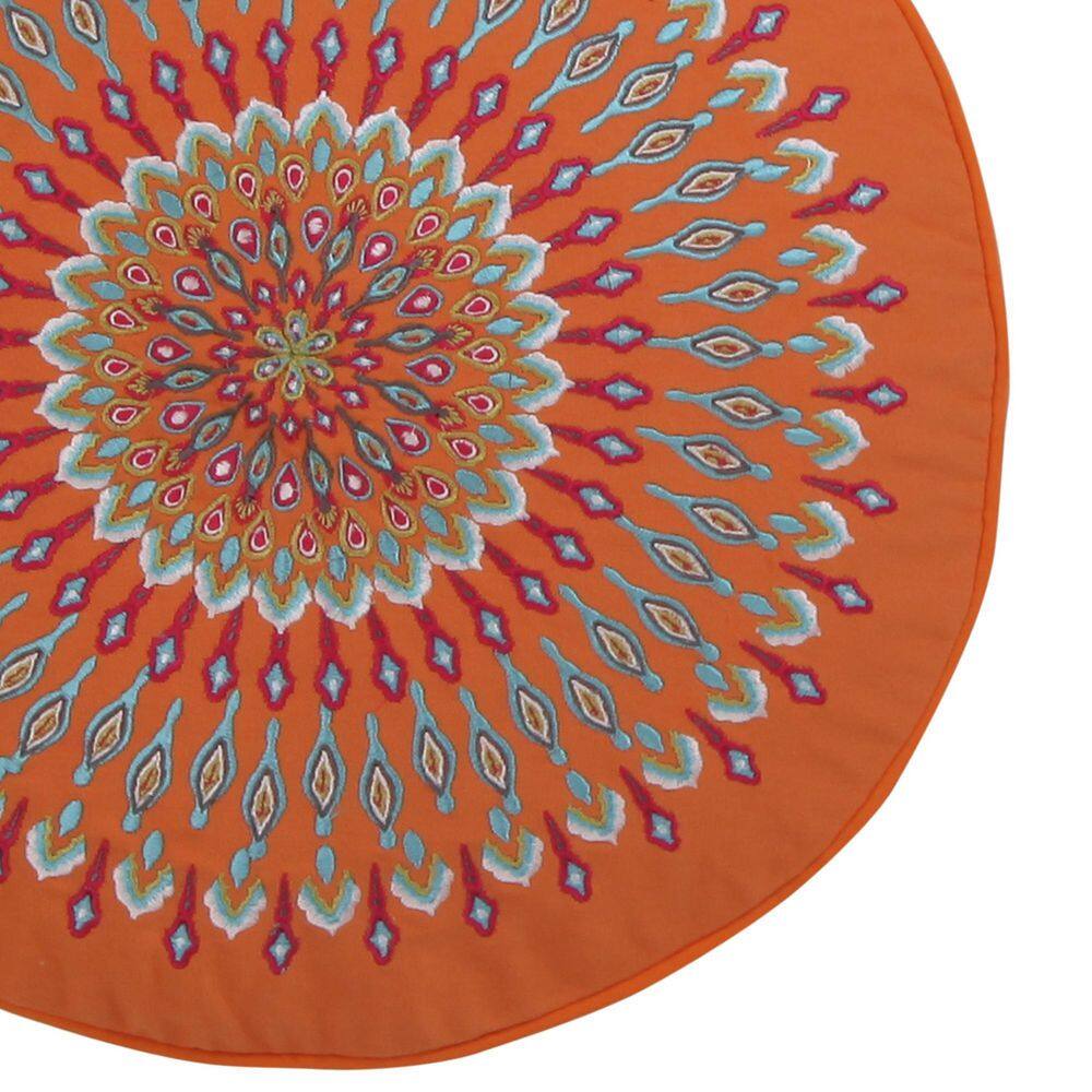 None Mirage Multicolor Embroidered Peacock Medallion Pattern 18 in. x 18 in. Round Throw Pillow
