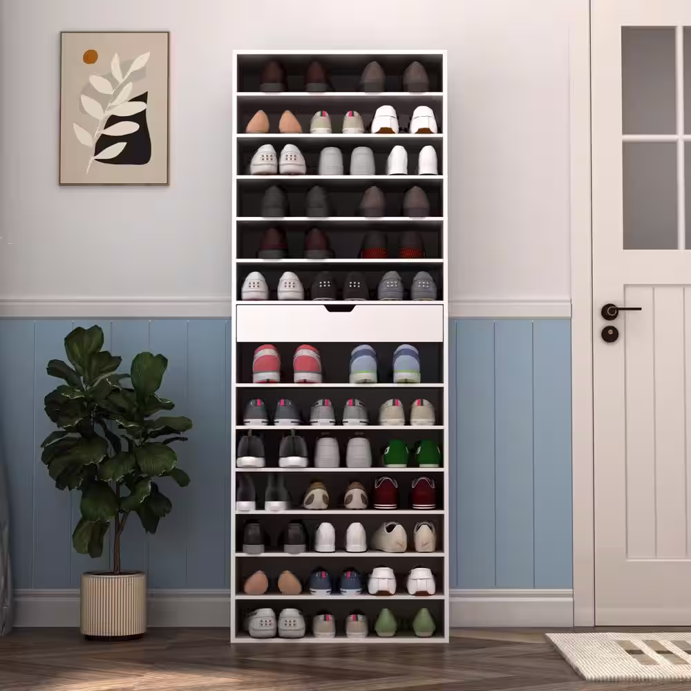 None 78 in. H x 27.5 in. W White Wood Shoe Storage Cabinet with 13 Shelves, Drawer