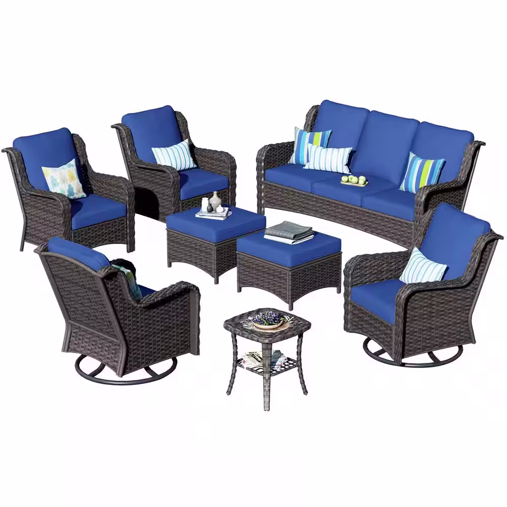 HOOOWOOO Oreille Brown 8-Piece Wicker Outdoor Patio Conversation Sofa Set with Swivel Rocking Chairs and Navy Blue Cushions