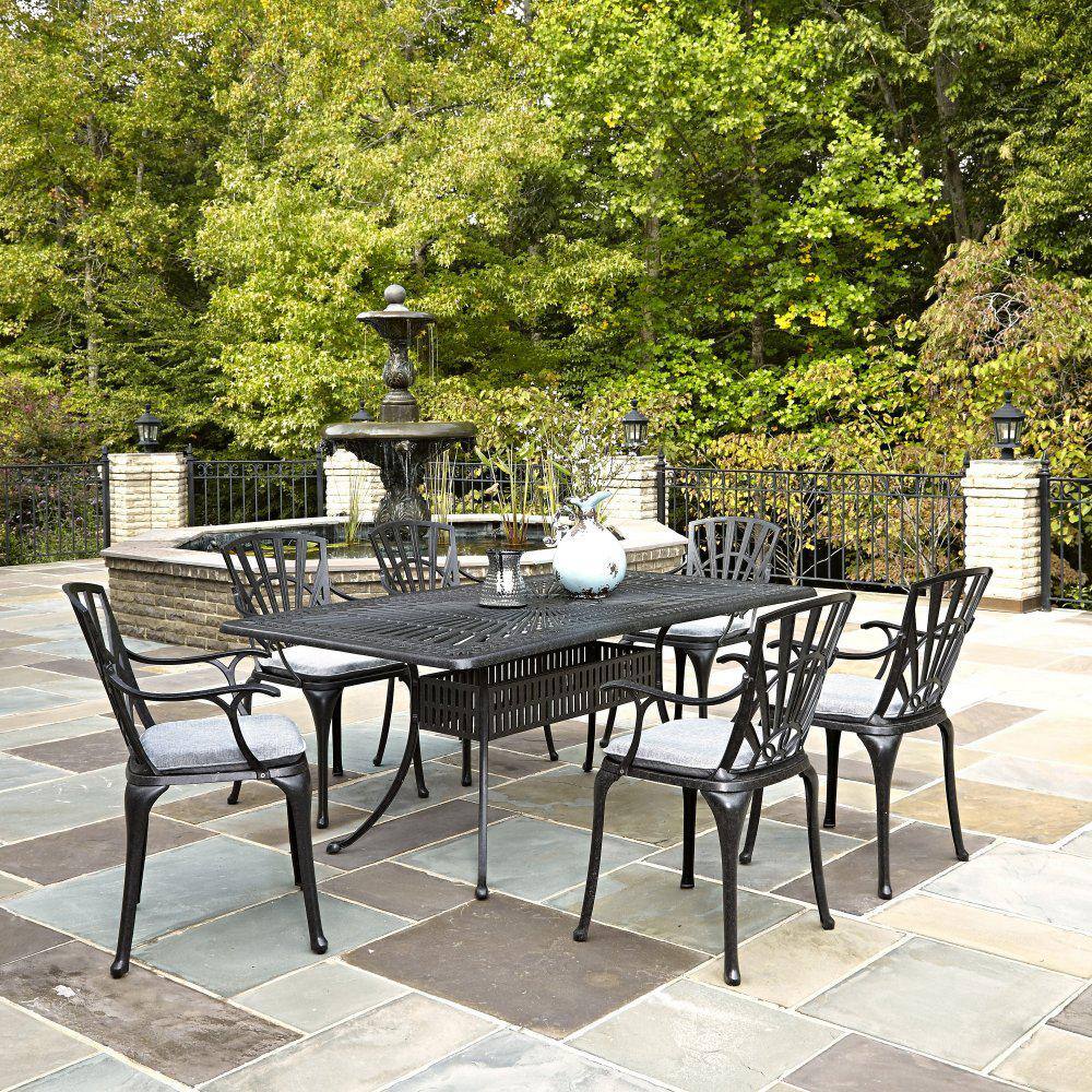 HOMESTYLES Grenada Charcoal Gray 7-Piece Cast Aluminum Rectangular Outdoor Dining Set with Gray Cushions