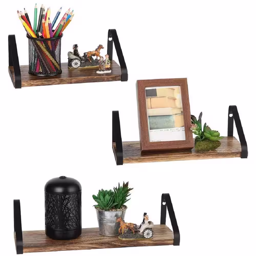 None NEx Wall-Mounted Floating Shelves Rustic Wood Wall Shelves (Set of 3)
