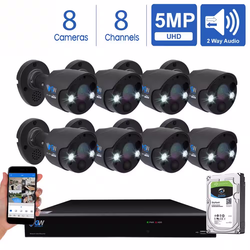 GW Security 8-Channel 5MP 2TB NVR Security Camera System with 8 Wired Bullet Cameras 3.6 mm Fixed Lens 2-Way Audio, Spotlight