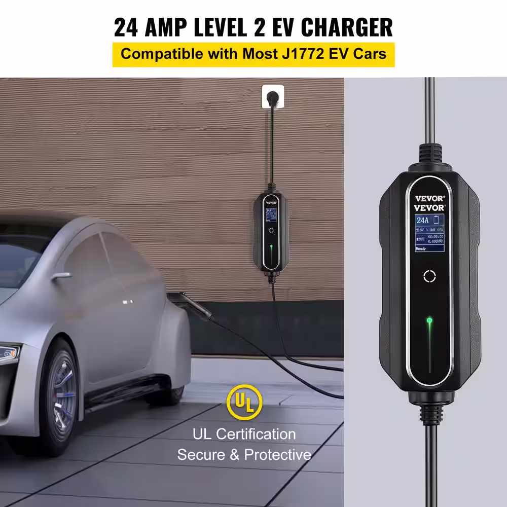 VEVOR Portable EV Charger Level 2 10 to 24 Amp Electric Charging Station 240-Volt with 25 ft. NEMA Cable for Home Car
